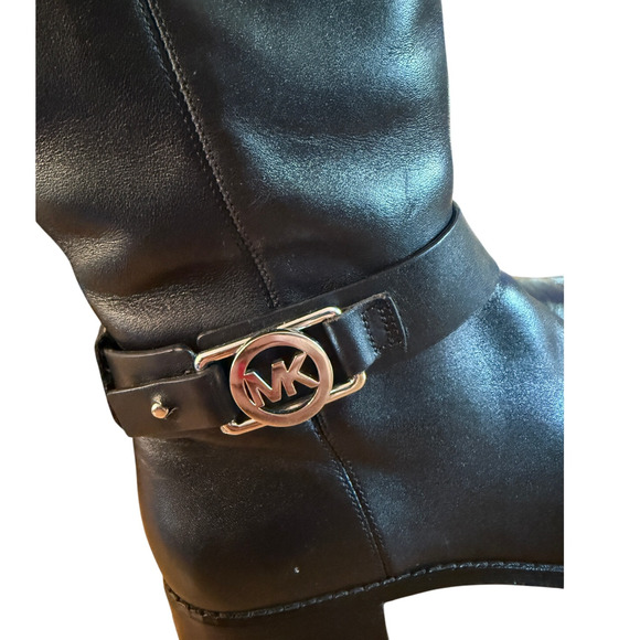 Michael Kors 7.5 Tall Leather Riding Boots $299 Knee High Charm Logo Flat Black - Picture 5 of 10